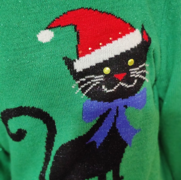 Kitty cat  Christmas sweater  black cat  holiday party  metallic shimmer  M - Picture 2 of 7